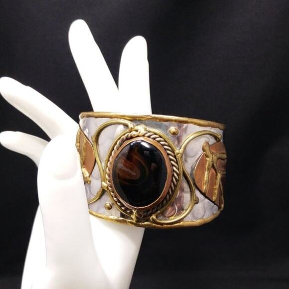 Brown Gemstone Mixed Metal Handmade Cuff Bracelet, 6 3/8 Inches - Picture 3 of 10